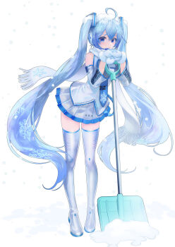 Rule 34 | 1girl, absurdly long hair, ahoge, aqua eyes, aqua hair, blue hair, blue necktie, blue trim, blush, boots, closed mouth, commentary request, detached sleeves, earmuffs, full body, gradient hair, grey background, grey skirt, hair between eyes, hair ornament, hatsune miku, headphones, headset, highres, long hair, long sleeves, mittens, multicolored hair, necktie, pleated skirt, scarf, shiny clothes, shirt, shovel, shutsuri, skirt, sleeveless, sleeveless shirt, snow shovel, snowflake print, snowflakes, solo, standing, thick thighs, thigh boots, thighhighs, thighs, tie clip, twintails, very long hair, vocaloid, white mittens, white scarf, wide sleeves, yuki miku, yuki miku (2011), zettai ryouiki