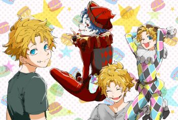 1boy :p ;d belt belt_pouch bent_w blonde_hair blue_eyes blue_hair brown_belt bububuki clone closed_eyes colored_skin facial_mark freckles green_shirt harlequin hat highres identity_v kneeling looking_at_viewer looking_back male_focus mike_morton mike_morton_(puppet) multiple_expressions multiple_persona neck_ruff one_eye_closed open_mouth pouch red_eyes red_hat shirt short_hair sitting skin_tight smile tongue tongue_out white_skin