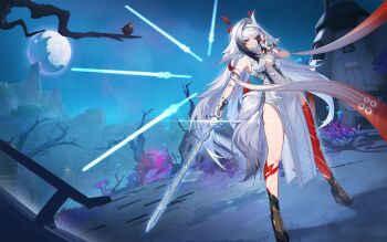 1girl absurdres alternate_form animal_ear_fluff animal_ears armlet bird black_bird black_shoes bracelet branch breasts china_dress chinese_clothes commentary_request dress droopy_ears hairband half-closed_eyes hand_up highres holding holding_sword holding_weapon jewelry leg_tattoo legs_apart medium_breasts metal_bracelet moon mr.shizi night pelvic_curtain qingming_sword red_eyes see-through_clothes see-through_horns shoes silver_armlet silver_bracelet solo standing sword tail tattoo weapon white_dress white_hairband white_tail ye_shunguang zenless_zone_zero