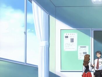 00s 1boy 1girl 2001 2girls animated animated_gif bible_black bible_black_night_of_the_walpulgiss bouncing_breasts breasts brown_hair classroom collared_shirt green_eyes hair_ornament imari_kurumi indoors long_hair lunchbox microskirt multiple_girls necktie ponytail running school_uniform shirt side_ponytail skirt smile tagme thighhighs white_shirt zettai_ryouiki