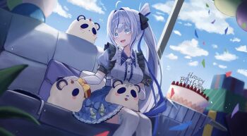 1girl ahoge aokumo_rin birthday black_ribbon black_trim blue_bow blue_bowtie blue_eyes blue_hair blue_skirt bow bowtie box breasts cake center_frills cloud cloud_hair_ornament confetti couch dress elbow_gloves food frilled_dress frilled_skirt frills garter_straps gift gift_box gloves hair_ribbon happy_birthday highres indoors kku_ri_92 kurimi_(aokumo_rin) large_breasts long_hair maid_headdress multicolored_hair open_mouth polka_dot polka_dot_bow polka_dot_bowtie ponytail puffy_short_sleeves puffy_sleeves ribbon short_sleeves sidelocks sitting skirt sky stellive streaked_hair thighhighs unworn_maid_headdress very_long_hair virtual_youtuber white_dress white_gloves white_hair white_thighhighs window