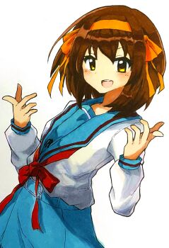 1girl :d blue_sailor_collar blue_skirt brown_eyes brown_hair commentary_request hair_ribbon hairband hands_up highres kasuokasuto kita_high_school_uniform long_sleeves open_mouth orange_hairband orange_ribbon pleated_skirt red_ribbon ribbon sailor_collar school_uniform serafuku shirt simple_background skirt smile solo suzumiya_haruhi suzumiya_haruhi_no_yuuutsu teeth tongue upper_teeth_only white_background white_shirt winter_uniform