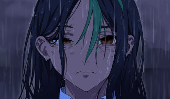 1girl absurdres black_hair chainsaw_man close-up closed_mouth dark-skinned_female dark_skin eye_twitch green_hair half-closed_eye highres long_hair meme multicolored_hair nemona_(pokemon) nintendo obi3 pokemon pokemon_sv rain reze&#039;s_eye_twitch_(chainsaw_man) scene_reference solo straight-on two-tone_hair wet wet_face wet_hair