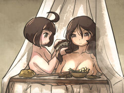Rule 34 | 2girls, ahoge, ahoge page (ironlily), bowl, breasts, brown hair, brushing another&#039;s hair, brushing hair, cleavage, curtains, highres, ironlily, lady lucerne (ironlily), long hair, multiple girls, nude, ordo mediare sisters (ironlily), short hair, steam, wet