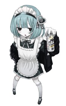 Rule 34 | 1girl, apron, aqua hair, arm up, beer can, black dress, black eyes, black jacket, black shoes, can, colored skin, dress, drink can, from above, full body, hair between eyes, hair ornament, heart, heart hair ornament, highres, holding, holding can, jacket, kneehighs, maid apron, maid headdress, medium hair, noroi (rnatataki), open clothes, open jacket, open mouth, original, saliva, shoes, simple background, socks, solo, white background, white skin