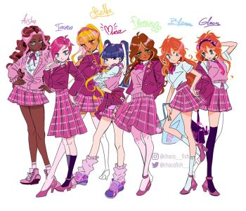 ahoge aisha_(winx_club) alternate_costume ankle_socks aqua_eyes arm_behind_head arms_behind_back asian asymmetrical_hair bad_id bad_twitter_id bag bare_legs black_shoes blazer blonde_hair bloom_(winx_club) blue_bag blue_eyes blue_hair boots bow bowtie brown_eyes brown_hair character_name chocofish closed_mouth clothes_around_waist collared_jacket collared_shirt commentary crest dark-skinned_female dark_bloom_(winx_club) dark_skin english_commentary eyelashes eyeshadow flora_(winx_club) hair_ornament hair_tie hairband hairclip hand_on_own_hip hands_on_own_hips happy heart heart_print height_difference high-waist_skirt high_heels instagram_username jacket jacket_around_waist kneehighs knees lace-up_boots lapels layered_sleeves leg_up legs_apart lipstick long_hair long_sleeves looking_at_another loose_socks makeup medium_skirt messy_hair miniskirt multicolored_hair musa_(winx_club) no_shoes notched_lapels orange_hair partially_unbuttoned pink_boots pink_bow pink_bowtie pink_eyeshadow pink_hair pink_hairband pink_jacket pink_lips pink_shoes pink_skirt pink_socks pink_vest plaid_clothes plaid_skirt pleated_skirt pumps purple_hairband purple_shoes purple_socks purple_thighhighs red_lips school_uniform shirt shoes short_hair sidelocks simple_background skirt smile sneakers socks spiked_hairband spikes standing stella_(winx_club) streaked_hair sweater_vest tan tecna_(winx_club) thighhighs tote_bag twintails twitter_username two-tone_hair unmoving_pattern very_dark_skin vest watermark wavy_hair white_background white_shirt white_socks white_thighhighs winx_club zettai_ryouiki