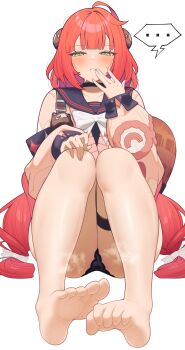 ... 1girl absurdres barefoot black_panties black_sailor_collar blush bow braid cardigan commentary_request feet fingernails foot_focus foreshortening full_body green_eyes highres long_hair long_sleeves looking_at_viewer low_twin_braids panties pink_cardigan pink_pupils presenting_foot red_hair sailor_collar simple_background soles solo spoken_ellipsis thigh_strap toes twin_braids ukinami_yuzuha underwear white_background white_bow yomare zenless_zone_zero