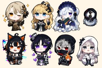 6+girls :d animal_ear_headphones animal_ears bird black_bow black_gloves black_hair black_jacket blonde_hair blue_eyes blue_hairband bow bug butterfly butterfly_hair_ornament butterfly_hat_ornament cat_ear_headphones cat_ears chibi chibi_only closed_mouth colored_inner_hair cross cross_earrings dress ear_piercing earrings empty_eyes epaulettes fake_animal_ears flower frilled_dress frills gloves gokuchou gothic_lolita grey_hair hair_ornament hair_over_one_eye hairband hashtag-only_commentary hasumi_leia hat hat_flower hat_ornament headphones highres hikami_meruru holding holding_sketchbook housho_margo insect jacket japanese_clothes jewelry konishi_chanmaru lolita_fashion lolita_hairband long_hair long_sleeves looking_at_viewer magical_girl mahou_shoujo_no_majo_saiban multicolored_hair multiple_girls natsume_an-an open_mouth orange_eyes orange_streaks owl parted_bangs piercing priestess purple_butterfly purple_eyes red_eyes saeki_miria sash sawatari_coco sharp_teeth shito_alisa short_hair shoulder_sash sketchbook sleeves_past_fingers sleeves_past_wrists smile stuffed_animal stuffed_sheep stuffed_toy teeth top_hat upper_body veil wa_lolita white_dress white_gloves white_hair white_veil x_hair_ornament yellow_eyes
