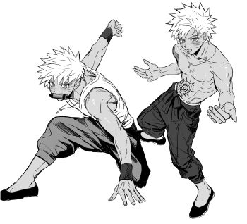 1boy facial_mark greyscale highres lodoae male_focus monochrome multiple_boys naruto_(series) open_mouth pants short_hair solo tank_top toned toned_male topless_male uzumaki_naruto whisker_markings white_background