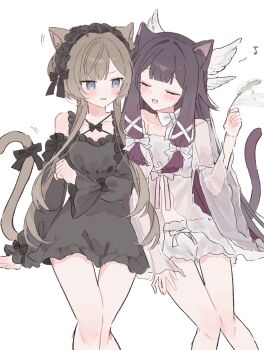 2girls alternate_costume animal_ears black_dress black_hair black_hairband black_ribbon bloomers blue_eyes blush brown_hair cat_ears cat_girl cat_tail clenched_teeth closed_eyes columbina_(genshin_impact) dress feathers feet_out_of_frame frilled_hairband frills genshin_impact hair_intakes hair_ribbon hairband head_wings highres holding holding_feather kemonomimi_mode lolita_hairband long_hair looking_at_another multiple_girls musical_note nankanankadayo ribbon sandrone_(genshin_impact) sidelocks simple_background sitting tail tail_ornament tail_ribbon tank_top teeth underwear white_background white_bloomers white_ribbon white_tank_top white_wings wings