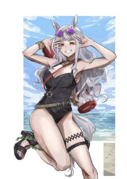1girl animal_ears beach black_one-piece_swimsuit blue_sky blunt_bangs bracelet breasts casual_one-piece_swimsuit cleavage cloud commentary english_commentary eyewear_on_head gold_ship_(run_revolt_launcher)_(umamusume) gold_ship_(umamusume) grey_hair grin highres horse_ears horse_girl horse_tail jewelry large_breasts long_hair looking_at_viewer ocean official_alternate_costume one-piece_swimsuit open_mouth outdoors purple-tinted_eyewear purple_eyes sandals seaweed sif221 sky smile solo sunglasses swimsuit tail teeth tinted_eyewear umamusume water water_gun