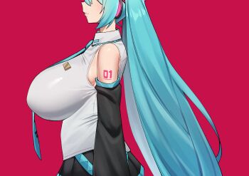 Rule 34 | 1girl, absurdres, alternate breast size (larger), aqua hair, aqua necktie, arm tattoo, black skirt, black sleeves, breasts, detached sleeves, eyes out of frame, from side, grey shirt, hatsune miku, head out of frame, highres, huge breasts, long hair, necktie, red background, shirt, simple background, skirt, sleeveless, sleeveless shirt, solo, spammayoss, tattoo, twintails, upper body, very long hair, vocaloid