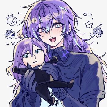 1boy :d biker_clothes bikesuit black_bodysuit black_gloves black_shirt blue_hair blue_shell_(mario) blush bob-omb bodysuit collared_shirt gloves golden_mushroom grey_eyes hair_between_eyes hands_up holding hoshirube_sho hoshirube_sho_(1st_costume) lifting_person long_hair long_sleeves looking_at_viewer male_focus mario_(series) mario_kart mii_(nintendo) multicolored_hair mummeo_p nijisanji nintendo open_mouth purple_hair shirt simple_background smile star_(symbol) streaked_hair super_star_(mario) teeth upper_body upper_teeth_only virtual_youtuber white_background wing_collar