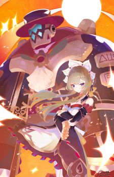 Rule 34 | 1girl, absurdres, apron, blue eyes, breasts, brown hair, commentary request, dress, genshin impact, hat, highres, long hair, looking at viewer, maid apron, maid headdress, medium breasts, pulonia (genshin impact), robot, sandrone (genshin impact), signature, white dress, winding key, zeroartwo