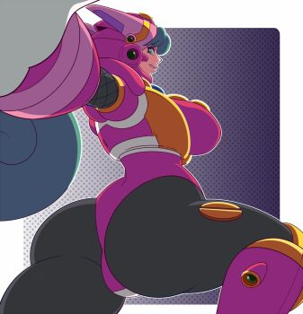 1girl 2024 android armor ass ass_focus back black_bodysuit blue_background bodysuit breasts capcom clenched_teeth closed_mouth commentary curly_hair curvy feet_out_of_frame female_focus fishnet_sleeves fishnets foreshortening gloves gradient_background green_eyes hand_on_own_hip helmet highres hip_focus hyoumaru knee_pads large_breasts leg_up legs_apart leotard long_hair looking_at_viewer low_ponytail marino_(mega_man) mega_man_(series) mega_man_x:_command_mission mega_man_x_(series) ninja outside_border outstretched_arm pink_helmet pink_leotard pink_lips polka_dot polka_dot_background ponytail shoulder_armor sideboob sideways_glance smile solo teeth thick_thighs thighs variant_set very_long_hair wedgie white_gloves