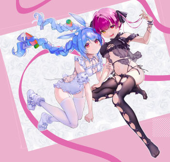 2girls absurdres alternate_costume animal_ears black_bow black_dress black_thighhighs blue_hair bow braid breasts carrot_hair_ornament closed_mouth commentary_request dokukurae dress food-themed_hair_ornament hair_bow hair_ornament heterochromia highres hololive houshou_marine large_breasts looking_at_viewer multiple_girls one-piece_swimsuit open_mouth rabbit_ears rabbit_girl rabbit_tail red_eyes red_hair small_breasts smile swimsuit tail thighhighs twin_braids usada_pekora virtual_youtuber white_one-piece_swimsuit white_thighhighs yellow_eyes