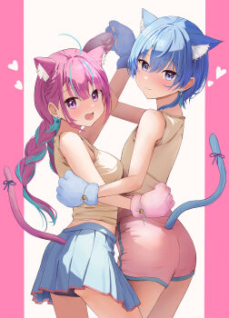 1girl 2girls absurdres animal_ears aqua_hair bare_shoulders blue_eyes blue_hair blue_skirt blue_tail blush braid breasts cat_ears cat_girl cat_tail closed_mouth commentary highres hololive hoshimachi_suisei large_breasts long_hair looking_at_viewer minato_aqua mochiki_927 multicolored_hair multiple_girls open_mouth pink_background pink_eyes pink_hair pink_tail shirt short_hair skirt smile streaked_hair tail thighs twintails two-tone_hair virtual_youtuber white_background yellow_shirt