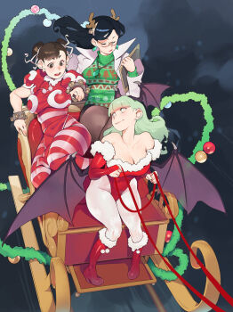 Rule 34 | 2girls, 3girls, animal print, antlers, bare shoulders, bat print, bat wings, black hair, blush, boots, bracelet, braid, breasts, brown eyes, brown hair, bun cover, capcom, chinese clothes, christmas, christmas ornaments, christmas sweater, chun-li, cleavage, crossover, darkstalkers, demon girl, double bun, dress, fur trim, gift, glasses, gloves, green eyes, green hair, hair bun, hair ornament, head wings, high heels, holding, horns, jewelry, justice gakuen, large breasts, leash, leotard, long hair, looking at viewer, looking back, low wings, minazuki kyoko, morrigan aensland, multiple girls, norasuko, open mouth, pantyhose, red dress, red footwear, reindeer antlers, shoes, short hair, sleigh, smile, spiked bracelet, spikes, street fighter, striped clothes, striped thighhighs, sweater, thighhighs, udon entertainment, wings