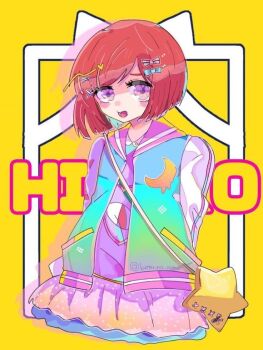 1girl alternate_costume aqua_jacket arms_behind_back bad_source bag blue_bow blunt_ends blush_stickers bob_cut bow brown_eyes casual character_name chikuwa_zakana collared_jacket crescent_print cropped_legs danganronpa_(series) danganronpa_v3:_killing_harmony dripping eyelashes frilled_skirt frills gradient_clothes gradient_jacket hair_bow hair_ornament hairclip jacket jersey long_sleeves loose_hair_strand lower_teeth_only miniskirt open_clothes open_jacket open_mouth parallel_hairclips pink_bow pink_sailor_collar pink_skirt pleated_skirt pocket polka_dot polka_dot_skirt print_jacket purple_shirt red_hair sailor_collar shadow shirt short_hair shoulder_bag single_stripe skirt solo star-shaped_bag star_(symbol) star_hair_ornament striped_bow teeth third-party_source twitter_username white_sleeves x_hair_ornament yellow_background yellow_bag yumeno_himiko