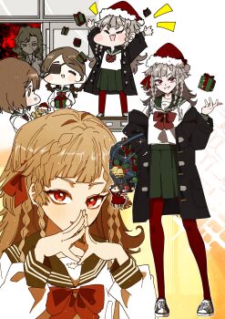 4girls aima_(reverse:1999) alternate_costume arms_up bag bag_charm bell black_bag black_coat black_shoes bow bowtie box braid braided_hair_rings brown_hair character_charm charm_(object) chibi chibi_inset closed_eyes coat commentary_request corvus_(reverse:1999) eyepatch full_body gift gift_box green_sailor_collar green_skirt grey_hair grin hair_rings hat highres holding holding_gift jessica_(reverse:1999) legs_apart long_hair looking_at_viewer medical_eyepatch miniskirt multiple_girls multiple_views open_mouth own_hands_together pantyhose pleated_skirt quad_braids red_bow red_bowtie red_eyes red_hat red_pantyhose reverse:1999 rubuska sailor_collar santa_hat school_bag school_uniform serafuku shirt shoes skirt smile sparkle standing steepled_fingers stitched_face stitches upper_body v-shaped_eyebrows white_background white_shirt ziyunshanding
