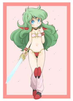 1girl armor ayanokouji_rem bikini bikini_armor blue_eyes blush bracer breasts commentary_request dream_hunter_rem full_body gluteal_fold green_hair groin hand_on_own_chest kneehighs long_hair navel pink_background pink_bikini pink_socks red_bikini red_shoes shoes shoulder_armor simple_background small_breasts socks solo standing stomach swimsuit sword thigh_gap thighs tiara weapon zangetsumaru