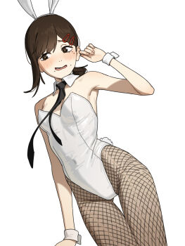 1girl animal_ear_hairband animal_ears armpits b1026 black_necktie breasts brown_eyes brown_hair chainsaw_man cleavage detached_collar fake_animal_ears fake_tail fishnet_pantyhose fishnets hair_ornament hairband hairclip higashiyama_kobeni highleg highleg_leotard highres leotard mole necktie pantyhose playboy_bunny ponytail rabbit_ear_hairband rabbit_ears rabbit_tail short_ponytail simple_background single_sidelock small_breasts solo strapless strapless_leotard tail white_background white_leotard