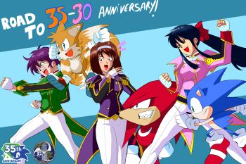 3boys 3girls blue_eyes blue_hair bow brown_eyes brown_hair clenched_hand clenched_hands crossover english_text fingerless_gloves flying gloves green_eyes grin hair_ribbon hairband highres kanzaki_sumire knuckles_the_echidna legs military_uniform multiple_boys multiple_girls ojou-sama_pose pants ponytail purple_eyes purple_hair red_bow ri_kouran ribbon sakura_taisen sega shinguuji_sakura shinzankuro short_hair smile sonic_(series) sonic_the_hedgehog tails_(sonic) teeth thighs tongue