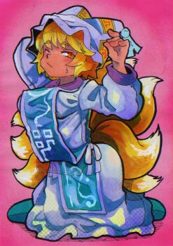 1girl absurdres arm_behind_head arm_up blonde_hair blue_tabard commentary_request dress fox_girl fox_shadow_puppet fox_tail frills full_body hat highres inuyama_konan kneeling long_dress mob_cap multiple_tails one_eye_closed pink_background short_hair slit_pupils sweatdrop tabard tail tassel touhou white_dress white_hat yakumo_ran yellow_eyes