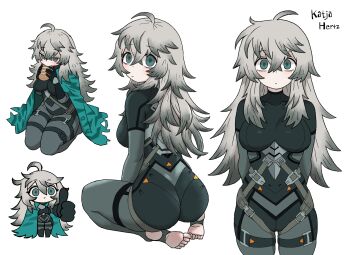 1girl ahoge aqua_cape aqua_eyes arms_behind_back ass black_survival bodysuit bread breasts cape character_name chibi colored_tips commentary crossed_bangs eating eternal_return:_black_survival expressionless feet food grey_hair katja_(black_survival) kms2605 long_hair looking_at_viewer looking_back multicolored_hair simple_background sitting solo stirrup_legwear strap thumbs_up toeless_legwear toes white_background