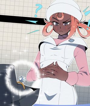 1girl ? absurdres dark-skinned_female dark_skin embarrassed feet_out_of_frame gjh green_eyes hat highres indoors jewelry joy_(pokemon) joy_(pokemon_legends:_z-a) nintendo nurse nurse_cap pink_hair pink_shirt pokemon pokemon_legends:_z-a ring shirt solo standing very_dark_skin wedding_ring