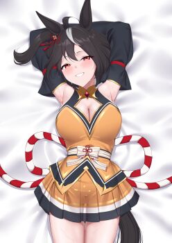 1girl absurdres animal_ears armpit_focus armpits black_hair black_sleeves blush breasts cleavage cleavage_cutout clothing_cutout detached_sleeves dress grin highres horse_ears horse_girl horse_tail kitasan_black_(crowning_ooban)_(umamusume) kitasan_black_(umamusume) looking_at_viewer lying necropoi on_back ponytail presenting_armpit red_eyes short_hair smile solo sweat tail umamusume yellow_dress