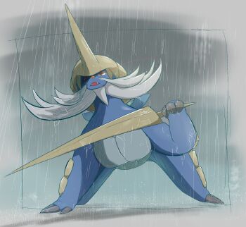 fangs gen_5_pokemon highres holding holding_sword holding_weapon looking_at_viewer nintendo no_humans open_mouth pokemon pokemon_(creature) pokemon_focus raaaichupudding rain red_eyes samurott sword water_drop weapon
