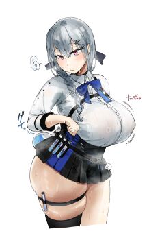 1girl belt black_skirt blue_bow bow braid breast_strap breasts covered_erect_nipples flask from_side grey_hair hair_ornament hair_over_shoulder hairclip hakase_fuyuki huge_breasts i_kitsugi long_hair nijisanji pink_eyes shirt skindentation skirt solo speech_bubble standing suspender_skirt suspenders sweat test_tube thick_strap thick_thighs thighs twin_braids virtual_youtuber white_background white_shirt