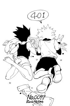 2boys barefoot gon_freecss hunter_x_hunter kariki_hajime killua_zoldyck lying male_focus monochrome multiple_boys on_stomach shirt short_hair shorts sleeveless sleeveless_shirt speech_bubble spiked_hair tank_top togashi_yoshihiro_(character) white_background