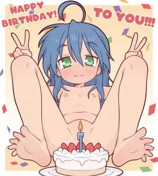 1girl :3 ahoge barefoot birthday_cake blue_hair blush cake candle casytay completely_nude convenient_censoring double_v feet flat_chest food green_eyes happy_birthday highres izumi_konata loli long_hair looking_at_viewer lucky_star mons_pubis nipples nude partially_visible_vulva pussy pussy_peek soles solo spread_legs toes v