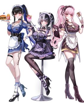 3girls animal_ears apron arm_warmers asymmetrical_legwear back_bow belt black_arm_warmers black_belt black_collar black_hair black_nails black_shoes black_thighhighs blue_dress blue_hair blush boots bow breasts brown_boots burger cat_ears cat_tail chest_belt choker cleavage clipboard closed_mouth clothing_cutout collar colored_inner_hair commentary cross-laced_clothes cross-laced_dress dress english_commentary flower_knot food fortissimo french_fries frilled_apron frills full_body hair_ornament high_heel_boots high_heels high_ponytail highres holding holding_clipboard holding_paint_palette holding_tray hololive hololive_english jewelry kneehighs lace lace_choker lapels large_breasts leg_tattoo long_hair looking_at_viewer maid_headdress miza8276 mole mole_under_eye mori_calliope multicolored_hair multiple_girls musical_note musical_note_hair_ornament name_tag necklace nerissa_ravencroft no_horns notched_lapels open_mouth paint_palette parfait pink_hair pinstripe_dress pinstripe_pattern ponytail puffy_short_sleeves puffy_sleeves purple_eyes shiori_novella shirt shoes short_dress short_sleeves shoulder_cutout side_ponytail side_slit sidelocks simple_background single_thighhigh smile socks solo split-color_hair standing strappy_heels striped_arm_warmers striped_clothes striped_dress striped_socks symbol-only_commentary tail tattoo thigh_strap thighhighs tray twitter_username two-tone_hair vertical-striped_clothes vertical-striped_dress very_long_hair virtual_youtuber waist_apron waitress white_apron white_background white_hair white_shirt white_socks wrist_cuffs yellow_eyes zettai_ryouiki
