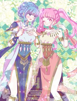 2girls alternate_costume ancient_greek_clothes armlet blue_dress blue_gemstone blue_hair blush bracelet braid breasts brown_eyes choker choker_jewel closed_eyes collarbone crown_braid dancer dancer_(fire_emblem:_three_houses) dress fire_emblem fire_emblem:_three_houses gem greco-roman_clothes hilda_valentine_goneril jewelry long_hair looking_at_viewer marianne_von_edmund multiple_girls nintendo one_eye_closed open_mouth pelvic_curtain pink_dress pink_eyes pink_hair short_hair single-shoulder_dress smile twintails white_dress yzkmm
