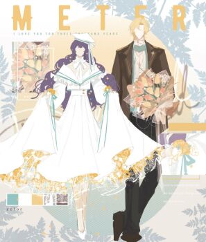 1boy 1girl alternate_costume ankle_strap aqua_background aqua_ribbon aqua_scarf beret black_pants blonde_hair bouquet brown_jacket brown_shoes center-flap_bangs chinese_commentary collared_shirt color_guide cropped_jacket crossed_ankles curtained_hair dress english_text faceless faceless_female faceless_male facing_viewer fashion flower flower_underskirt frilled_jacket frilled_shirt_collar frills full_body gradient_background hair_between_eyes hair_flower hair_ornament hat hat_ribbon heroine_(lovebrush_chronicles) holding holding_bouquet jacket jewelry lapels lars_rorschach leaf leaf_background long_hair long_sleeves lovebrush_chronicles medium_dress neck_ribbon necklace notched_lapels open_clothes open_jacket orange_flower orange_rose oval_background pants partially_unbuttoned pink_flower pink_tulip puffy_long_sleeves puffy_sleeves purple_hair ribbon rose sailor_collar sailor_hat scarf shirt shoes short_hair side-by-side skirt_hold sleeve_ribbon snow234 standing straight-on striped_background tilted_headwear tulip two-tone_background wavy_hair white_background white_dress white_hat white_jacket white_ribbon white_sailor_collar white_shirt white_shoes wrist_flower yellow_background yellow_flower yellow_tulip zoom_layer