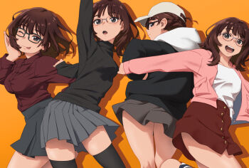 1girl aonori_misuji arm_up black_shirt black_thighhighs breasts brown_hair commentary_request glasses grey_skirt hand_up hat hood hood_down jacket long_sleeves looking_back medium_breasts miniskirt multiple_views one_eye_closed original pink_jacket shirt skirt smile standing thighhighs tongue tongue_out turtleneck twisted_torso white_hat yellow_background