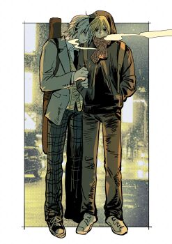 Rule 34 | 2boys, backpack, bag, blonde hair, closed eyes, cloud strife, collared shirt, converse, covered mouth, final fantasy, final fantasy vii, final fantasy vii: ever crisis, grey hair, hands in pockets, headphones, highres, leaning on person, locked arms, male focus, multiple boys, necktie, norgeehotpot, pants, scarf, school uniform, sephiroth, sephiroth (ever crisis), sephiroth (shinra private academy), shirt, shoes, short hair, yaoi