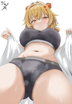 1girl adjutant_(snowbreak) blonde_hair blush breasts cameltoe from_below hair_ornament hairband highres large_breasts looking_at_viewer medium_hair navel open_clothes simple_background snowbreak:_containment_zone solo sports_bra steaming_body sweat takumi_munato underwear white_background yellow_eyes