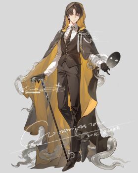 1boy absurdres black_gloves black_hair black_pants black_shoes black_vest buttons cane chain cloak collared_shirt commission curtained_hair full_body gloves grey_background highres holding holding_cane holding_mask hood hood_up hooded_cloak klein_moretti looking_at_viewer lord_of_the_mysteries male_focus mask necktie pants sanyue_qiushi shirt shoes simple_background solo two-tone_cloak vest watermark white_shirt worm