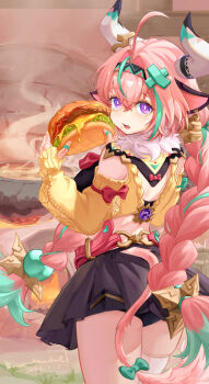 Rule 34 | 1girl, absurdres, ahoge, animal ears, ass, bear minstrel, braid, burger, commentary request, cooking pot, cow ears, cow horns, cow tail, detached sleeves, eating, food, from behind, genshin impact, highres, holding, holding burger, holding food, horns, long hair, looking back, midriff, miniskirt, pink hair, purple eyes, single thighhigh, skirt, tail, thighhighs, twin braids, varesa (genshin impact), vision (genshin impact)