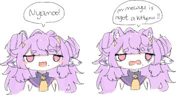 1girl animal_ears blush cow_ears double_bun english_text hair_bun horns long_hair looking_at_viewer mole multiple_views muu_muyu muu_muyu_(artist) neck_bell phase_connect pink_eyes purple_hair shirt sleeveless sleeveless_shirt solo speech_bubble upper_body virtual_youtuber white_background