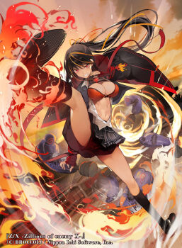 1girl black_hair black_jacket black_skirt black_socks breasts breasts_out brown_shoes cleavage clenched_teeth copyright_notice fingerless_gloves fire floating_hair gloves hair_ribbon high_ponytail highres ichibakase_hajime jacket kicking kneehighs large_breasts multicolored_hair navel nishiide_kengorou official_art open_clothes open_jacket orange_hair orange_ribbon outdoors plaid_clothes plaid_skirt ponytail red_bandage red_eyes red_sports_bra ribbon shirt shoes shorts shorts_under_skirt skirt socks sports_bra standing standing_on_one_leg target teeth white_shirt z/x