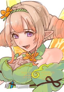 1girl bare_shoulders blonde_hair blunt_bangs breasts butterfly_wings cleavage fairy fire_emblem fire_emblem_heroes hair_vines highres iipzeyjhms0dohl insect_wings medium_breasts nintendo open_mouth peony_(fire_emblem) plant_hair pointy_ears see-through_cleavage see-through_clothes wings