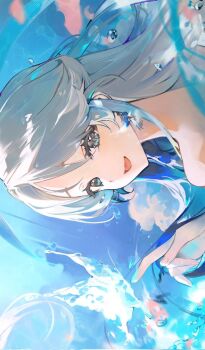 Rule 34 | 1girl, blue eyes, cloud, day, earrings, eyelashes, fingernails, grey hair, happy, jewelry, long hair, looking at viewer, open mouth, original, outdoors, parted bangs, solo, tongue, totomong, upper body, waves