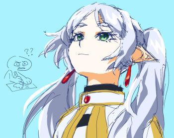 1girl 1other artist_self-insert blue_background capelet commentary elf frieren green_eyes grey_hair hair_over_shoulder highres kokiriri long_hair long_pointy_ears looking_up parted_bangs pointy_ears sketch smile solo_focus sousou_no_frieren symbol-only_commentary thick_eyebrows twintails upward_angle_frieren_drawing_(meme) white_capelet