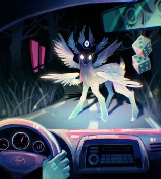 Rule 34 | !, !!, angel wings, car interior, commentary, dashboard, english commentary, feefal, fuzzy dice, glowing, glowing eyes, highres, looking at viewer, night, original, outdoors, rear-view mirror, reflection, road, tree, white eyes, wings
