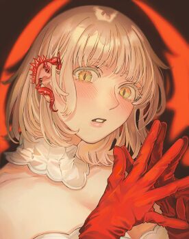 1girl alt_text alternate_costume blonde_hair blush breasts cleavage colored_eyelashes commentary_request detached_collar dungeon_meshi earclip falin_touden falin_touden_(tallman) gloves hands_up highres looking_at_viewer own_hands_together parted_lips portrait red_background red_gloves sasakura34 shadow short_hair slit_pupils solo spotlight steepled_fingers yellow_eyes